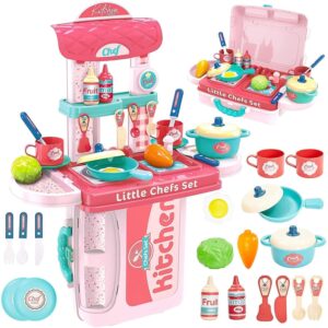 URBAN TOTS 2 in 1 Portable Cooking Kitchen Play Set Pretend Play Food Party Role Toy for Boys Girls – Pink