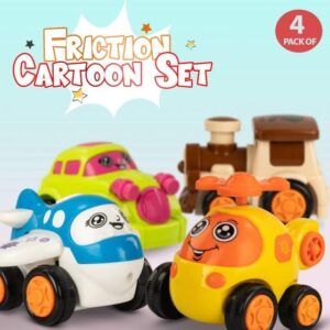 Happy Kids Friction Small Toys Set Powered Automobile Truck Cars Helicopter Plane Train Toys for Kids Toys for Toddlers Boys- Set of 4