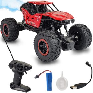 Peppy Pals Remote Control Monster Truck RC Car | Big Size Off Road 2WD Rock Crawler 45° Climbing Angle Rechargeable Battery Water Mist Spray and High Speed Racing Toy for Boys - Red