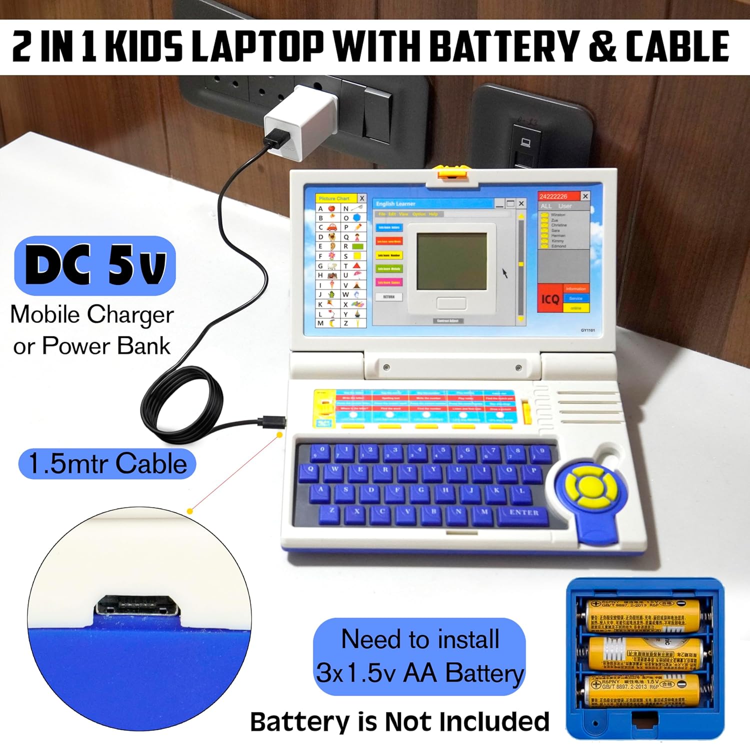 Peppy Pals Plug & Play English Learner Educational Laptop Toy with 20 Learning & Playing Activities, Dual Power Supply Source - Micro USB Cable(Included) & 3xAA Battery(Not Included) - Image 4